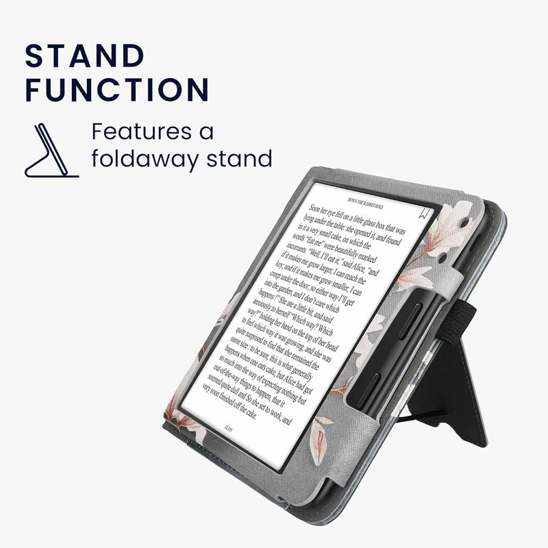 kwmobile Case Compatible with Kobo Libra Colour - Case PU Leather Cover with Magnet Closure, Stand, Strap, Card Slot - Magnolias Taupe/White/Blue Grey - Image 5